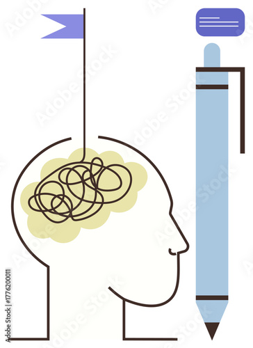 Human head outline with tangled lines inside resembling thoughts, tall pen standing beside conveying ideas. Ideal for creativity, problem-solving, innovation, strategy, mental clarity, organization