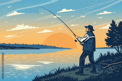 fisherman-casting-a-line-at-sunrise-over-calm-lake.eps