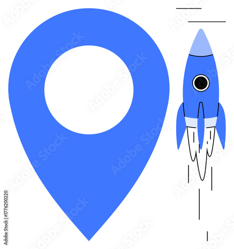 Rocket taking off beside a location pin, representing progress, innovation, exploration, growth, technology, success, and startup launch. Ideal for navigation ambition and simple flat metaphor