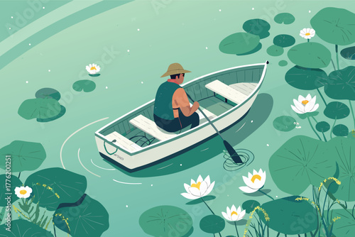 A solitary fisherman in a rustic boat, enveloped by vibrant water lilies on a tranquil lake, capturing a serene moment of peaceful existence and nature's beauty.