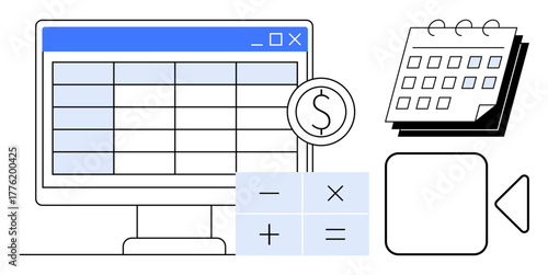 Computer screen displaying spreadsheet, dollar coin, calendar, and calculator tool for budgeting, accounting, data analysis, expense tracking, planning, scheduling and productivity in simple flat
