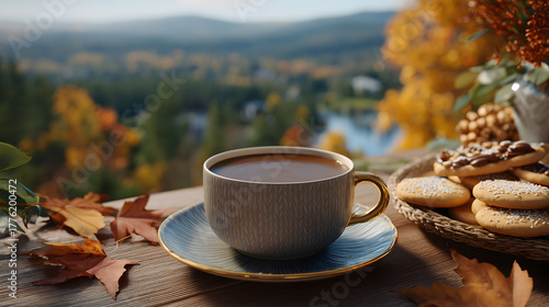 image of a close up of an autumn coffee cup on a table. Fall leaves, plate of fall decorated cookies on the table. outdoor setting with mountains in the distance