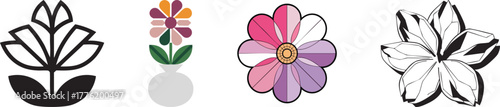 Four stylized floral designs with varied details and color schemes