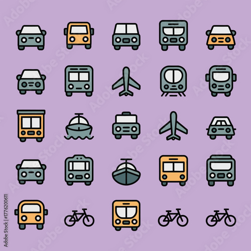Modern transportation icons collection with vehicle travel and transport elements