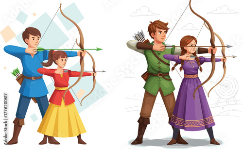 Medieval archers man and woman practicing archery with bows and arrows, traditional costumes, target shooting, outdoor training, historical sport illustration