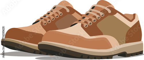A pair of brown leather hiking boots shown in a stylized illustration