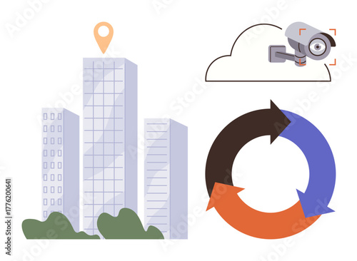 High-rise buildings, cloud-based surveillance camera, location marker, circular flow arrows. Ideal for security, technology, monitoring, urban planning, data flow innovation sustainable systems