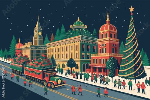 Christmas parade on Main Street with floats and cheering crowds.