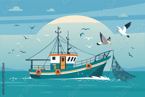 A weathered fishing vessel, laden with nets, drifts peacefully at sea, seabirds soaring gracefully in the coastal air.
