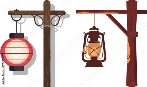 Illustration of vintage street lamps and lanterns on wooden posts
