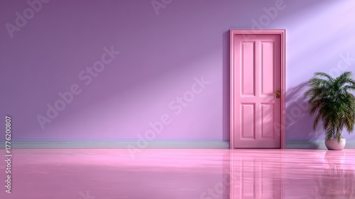 A charming pink door set within a serene lavender wall, creating a tranquil atmosphere that invites curiosity, creativity, and warmth into the modern interior space.