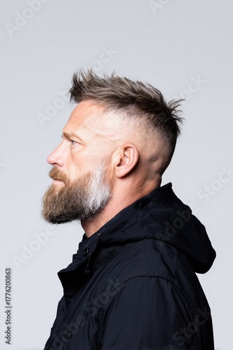 Modern Man with Stylish Haircut and Beard Against Plain Background