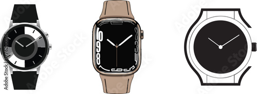 Three different smartwatches with varying designs and display features are shown