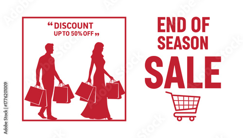 Dynamic marketing banner design featuring red silhouettes of a man and woman walking with shopping bags. Large "END OF SEASON SALE" text with a shopping cart icon and "Discount Up To 50% Off" quote
