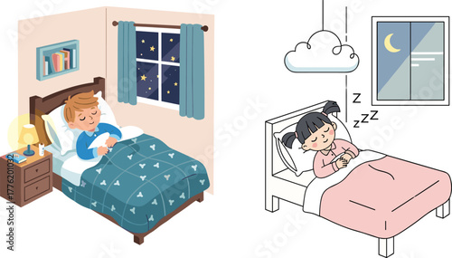 Peaceful children sleeping at night in cozy bedrooms with blankets, stars, moon, books, lamps, and dreamy bedtime routine illustration scene