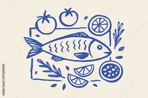 Fish with lemon, herbs and tomatoes, naive sketch vector illustration	