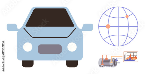 Electric car with connected global grid symbol, motor graphic, and performance data analysis chart. Ideal for sustainability, innovation, electric mobility, connectivity, efficiency, renewable