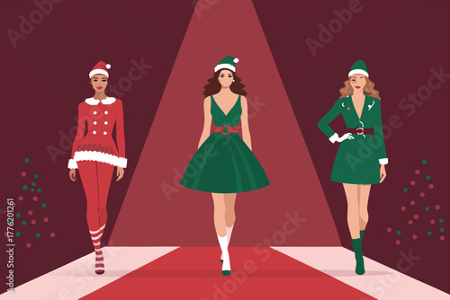 Christmas fashion runway show with bold, flat design elements.