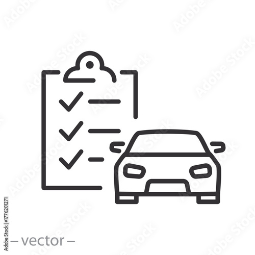 vehicle status icon, car inspection checklist, auto clipboard, thin line symbol on white background - editable stroke vector illustration eps10