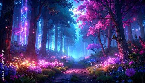 Wallpaper Mural Ethereal forest scene featuring a path, glowing flora, and trees with pink and green foliage, bathed in blue light Torontodigital.ca