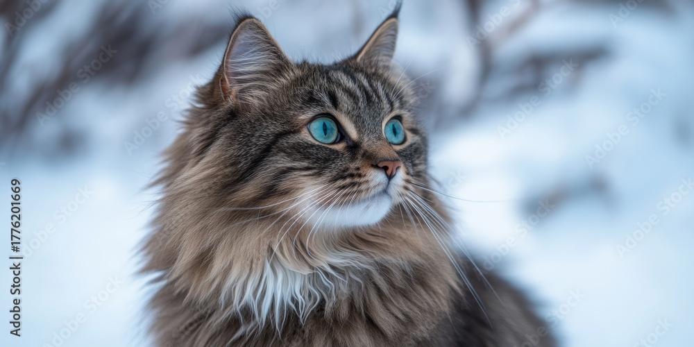 Obraz premium Elegant Norwegian Forest Cat with Striking Blue Eyes and Fluffy Fur in a Beautiful Winter Scene