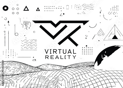 Virtual Reality Concept with Geometric Elements and Wireframe Landscape on White