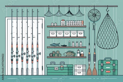 A cozy, well-stocked fishing shop interior, showcasing an array of rods, nets, tackle boxes, lures, and fishing gear.