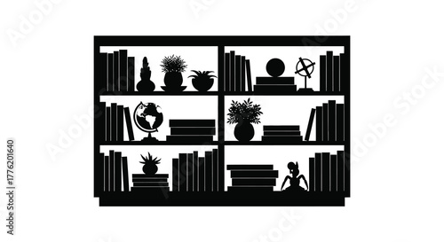 Silhouette of a modern bookshelf filled with books plants and decorative objects against a white background