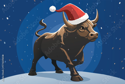 Christmas stock market bull statue wearing festive attire.