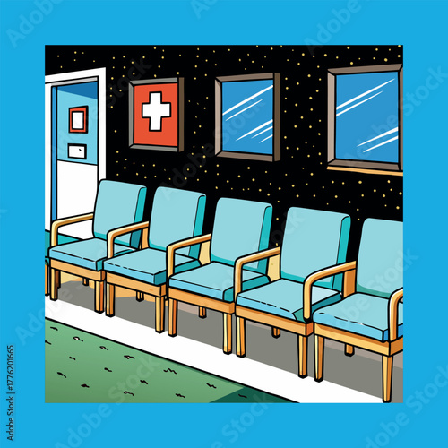 Line of empty blue visitor chairs standing near wall at reception or in bank close-up