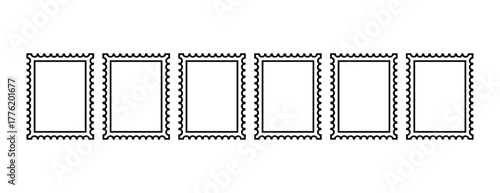 Row of seven identical empty postage stamp frames with perforated edges, isolated on a