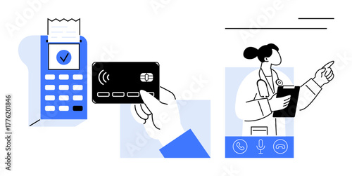 Payment terminal, credit card for transaction, and online doctor signaling professionalism. Ideal for telemedicine, healthcare, digital payments, remote work, e-services, online shopping virtual