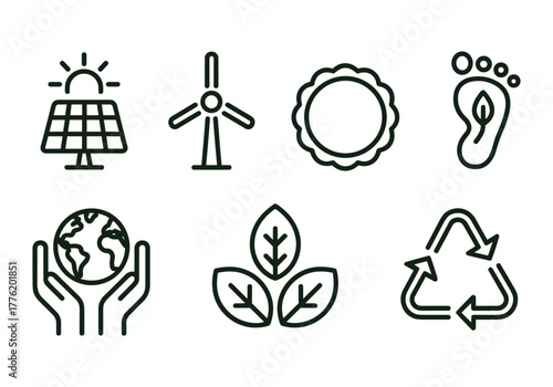 Collection of ecofriendly and renewable energy icons, including solar panels, wind turbines, leaves, and recycling symbols, representing environmental sustainability