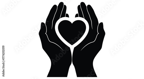 Two open black hands cupping a white heart symbol symbolizing love care and protection against a white background
