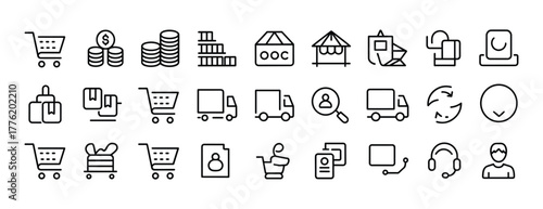 A collection of commerce and shopping related icons including carts, trucks, money, and people