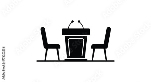 Two chairs and a podium with microphones for a debate or presentation on a white background