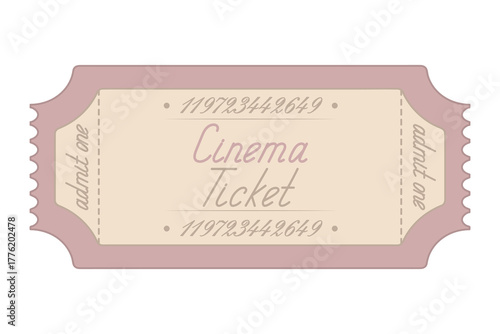 Cinema. Pink ticket admit one. Handwritten cursive lettering with a capital letter. Color vector illustration. Tear-off ticket with a number. Isolated on white background. Flat style. 