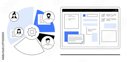 Team profiles in pie chart layout beside a software interface with tools for tasks, notes, and checklists. Ideal for teamwork, collaboration, management, productivity, organization, planning