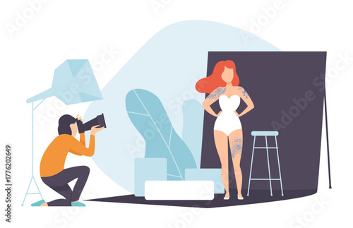 Man Photographer with Camera Take Photo of Woman in Studio Vector Illustration