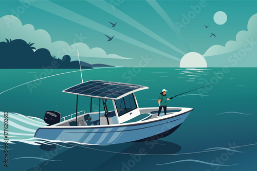 A futuristic fishing scene featuring an eco-friendly boat powered by advanced solar and wave energy, amid vibrant marine life.