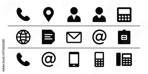 Set of communication and contact icons including phone, location, people, document, email, and computer icons