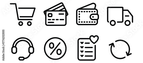 Set of ecommerce and shopping icons including a shopping cart, credit card, wallet, delivery truck, headset, discount, wishlist, and refresh symbol