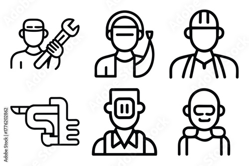 Set of six simple line icons representing various tradespeople and tools, including a mechanic with a wrench, a welder, and a construction worker