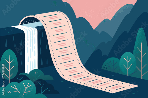 A colossal, endlessly unfurling digital receipt, its paper a cascade of glowing data, tumbling like a waterfall onto a modern desk.