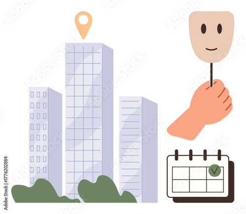 Mask held by hand, buildings with location marker, calendar with checkmark. Ideal for identity, location, schedule, planning, urban environment emotions personal goals. Simple flat metaphor