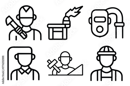 Collection of six flat design icons depicting different professions and their associated tools, such as a carpenter with a hammer and a factory worker