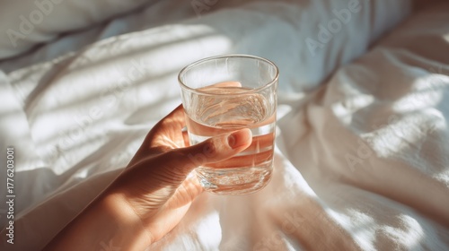 Hand holding a glass of clear water in bed during morning sunlight bringing hydration, wellness, and a refreshing start to the day
