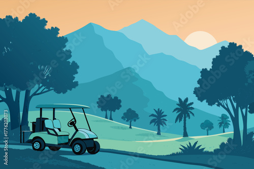 A solitary golf cart rests on the manicured edge of a verdant golf course, shadowed by mature trees, with a majestic mountain range in the distance.