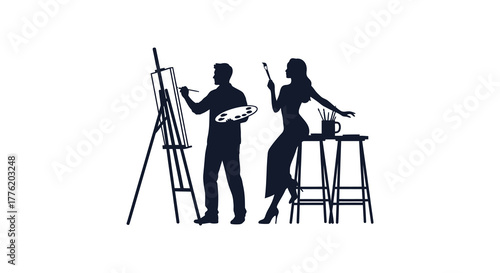 Silhouette of a male artist painting on an easel next to a female artist posing with a paintbrush and palette