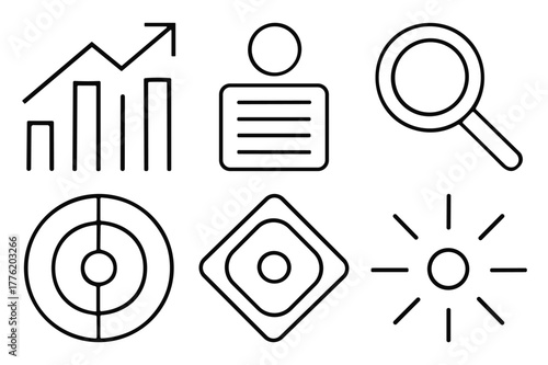 Set of six business and data analysis icons including a bar chart with an upward arrow, a user profile, a magnifying glass, a target, a diamond shape, and a sunburst
